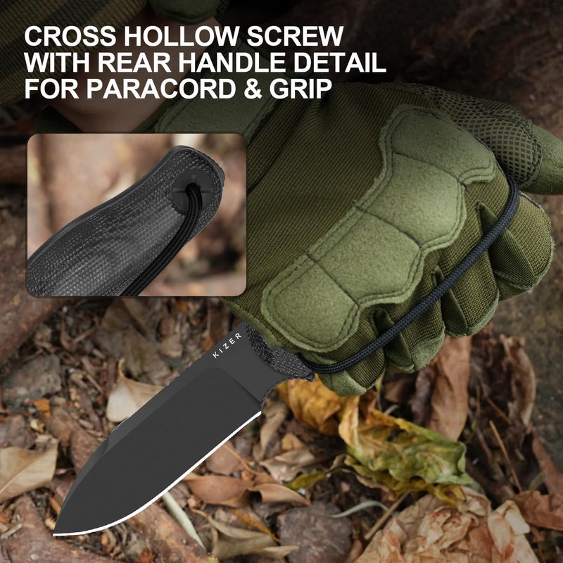 KIZER Drop Bear Fix 3 Fixed Blade Knife, 3.8" 1095 Blade EDC Camping Knife with Black Micarta Handle, Small Hunting Knives with Sheath, Outdoor Survival Knives with Pocket Clip and Lanyard, 1101A3 - Image 5